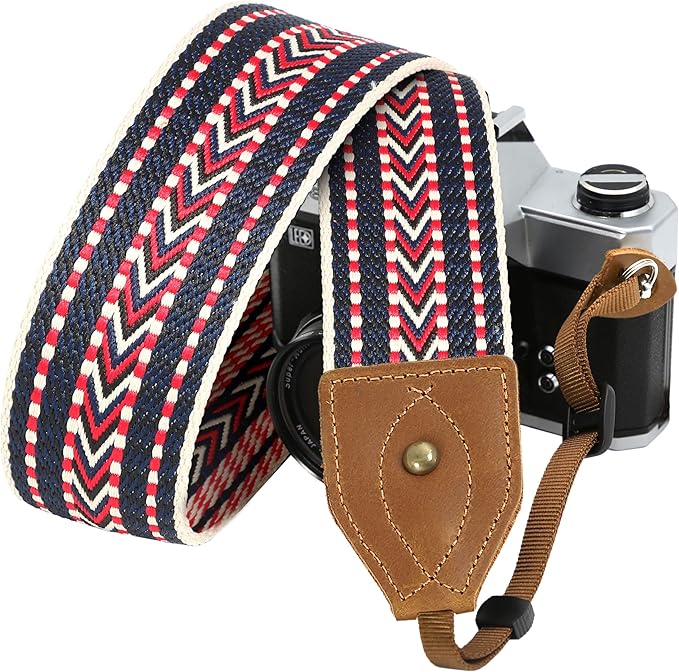 Padwa Lifestyle 2" Wide Classic Crazy Horse Art Cowhide Head Camera Strap - Jacquard Embroidery Floral Vintage Camera Straps for Photographers Gift, Adjustable Shoulder Neck Strap Fits DSLR Cameras