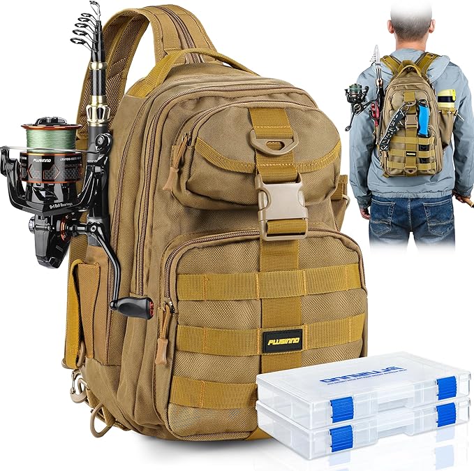 PLUSINNO Fishing Backpack Tackle Bag, Water-Resistant Backpack with Rod Holder, Ideal Gifts for Men