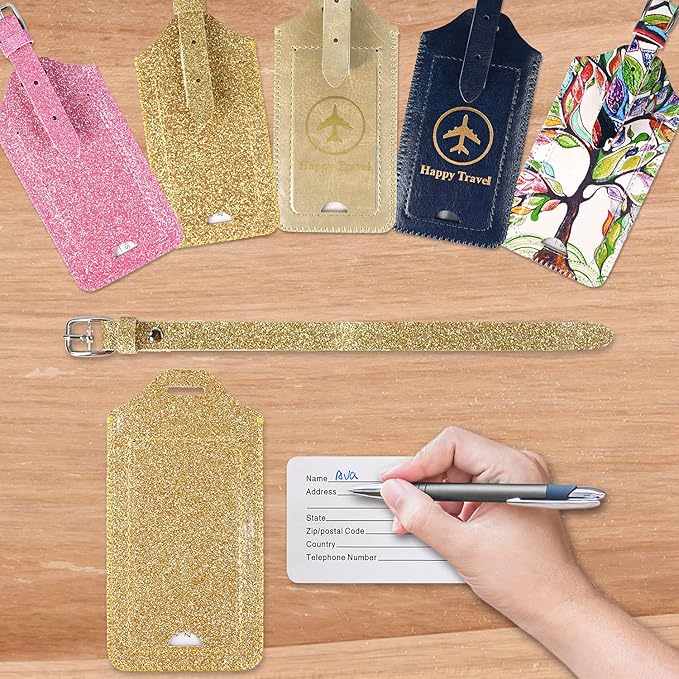 ACdream Luggage Tags 2 Pack, Leather Suitcase Tags Identifiers, Cute Cruise ID Labels with Privacy Cover fits on Backpack, Travel Bag, for Women, Men, Adults, Kids, Glitter Gold