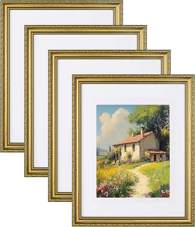 eletecpro 11x14 Picture Frames Set of 4, Vintage Photo Frame with Glass Cover, Gold Frames 11 x 14 Display 8x10 Photo with Mat or 11x14 without Mat for Tabletop or Wall Decor, Gold