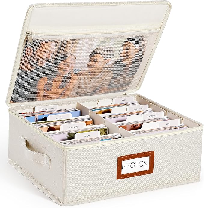 HULISEN Photo Storage Box with Lid & Dividers, Linen Photo Organizer for up to 2000 4x6 Pictures, Keepsake Memory Box with Side Handle for Family, Wedding & Baby Photos, Cards, Scrapbook