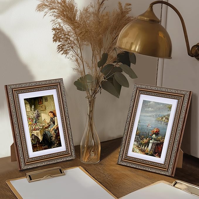 eletecpro 5x7 Picture Frames Set of 4, Vintage Frames with Glass Cover, 5 x 7 Photo Frame Displays 4x6 Photo with Mat or 5x7 without Mat for Tabletop or Wall Decor, Bronze