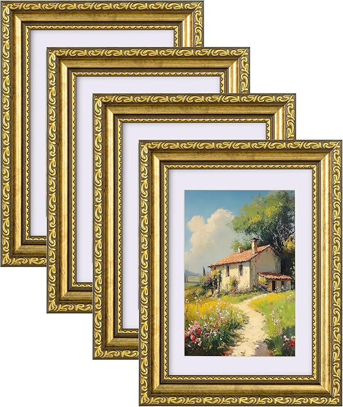 eletecpro 5x7 Picture Frames Set of 4, Gold Photo Frames with Glass Cover, Vintage Picture Frame 5 x 7 Displays 4x6 Photo with Mat or 5x7 without Mat for Tabletop or Wall Decor, Gold