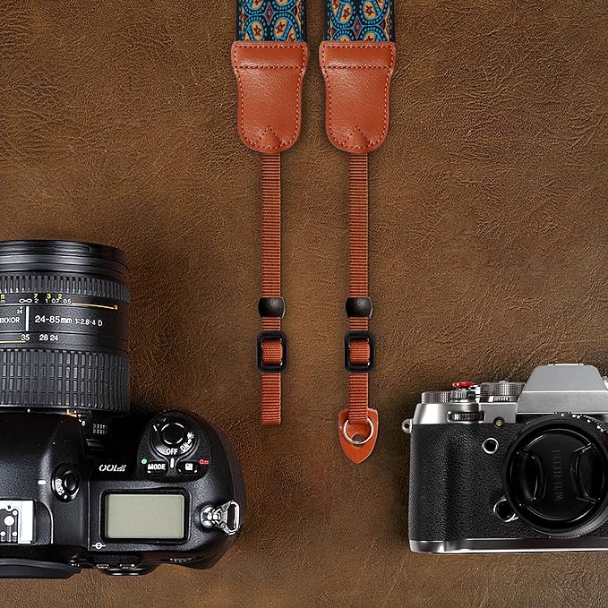 Padwa Lifestyle Mystic Blue Camera Strap - Double Layer Cowhide Ends,2" Pure Cotton Embroidered Woven Camera Straps,Universal Neck&Shoulder Strap Adjustable for All DSLR Cameras,Gift for Photographers