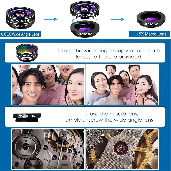 7 in1 Mobile Phone Camera Lens, Mobile Phone Lens Kit, Universal Clip, for iPhone, for Samsung, for Android Smartphone, On Wide Angle+Macro+ Fish Eye+Kaleidoscope+Star Filter+CPL Lens(Black)