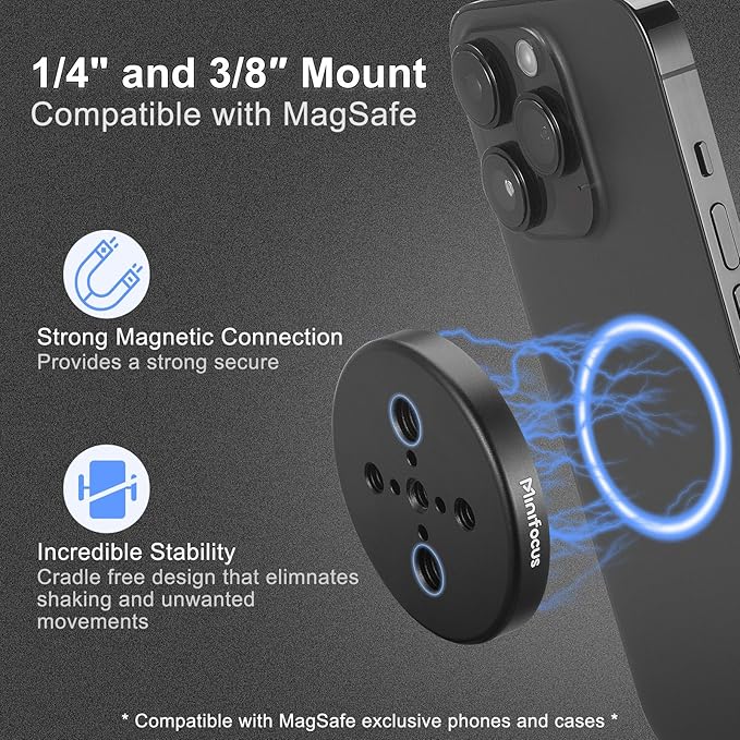 MINIFOCUS Magsafe Tripod Adapter, Magnetic Phone Tripod Mount Adapter with 1/4" Holes, Compatible with MagSafe Sticker for iPhone 17/16/15/14/13/12 Pro/Pro Max/Mini & More Phone