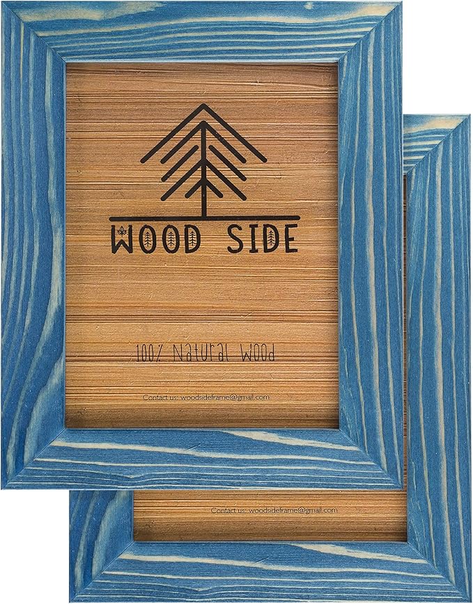 Rustic Wooden Picture Frames 4x6 - Set of 2-100% Natural Eco Solid Wood and High Definition Real Glass for Table Top and Wall Mounting Photo Frame - Navy Blue