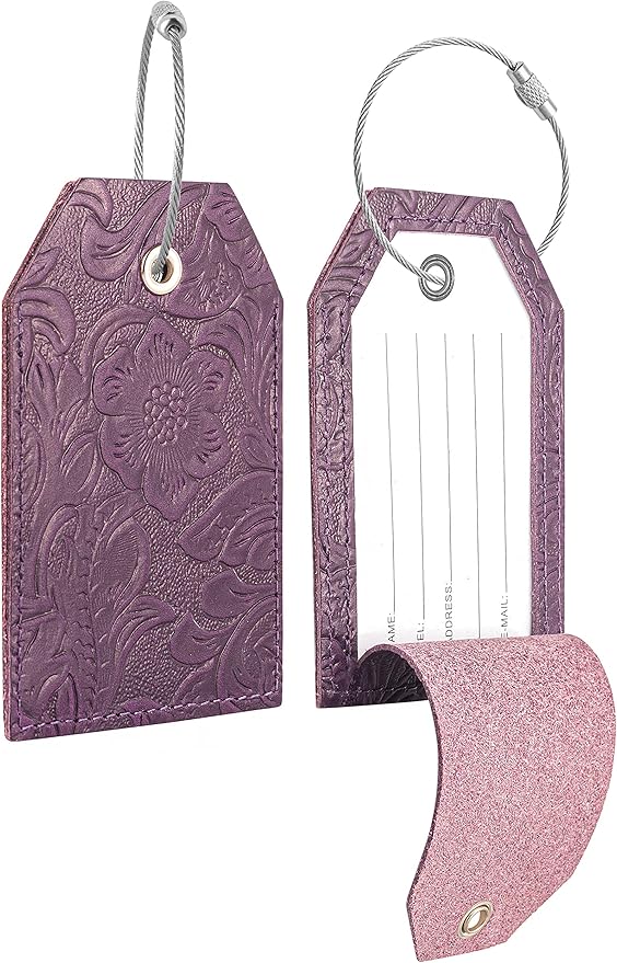Genuine Leather Set of 2 Luggage Tag with Full Back Privacy Name ID Card Stainless Steel Loop Suitcase Labels Identifiers Baggage Tags Luggage for Women Men Travel (Purple Flower)