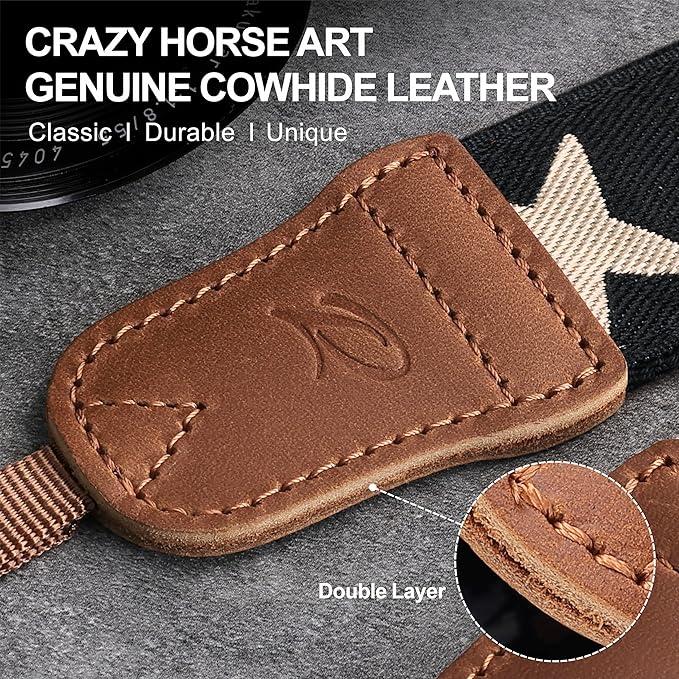 Padwa Lifestyle Pentagram Camera Strap - 1.5" Embroidered Star Cotton Crazy Horse Cowhide Head Camera Straps for Photographers and All Cameras,Cute Adjustable Vintage Woven Strap