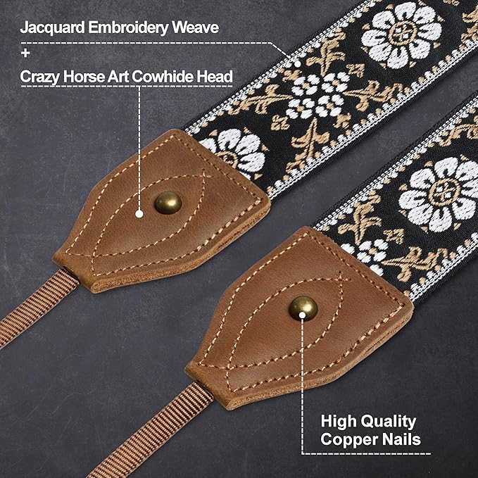 Padwa Lifestyle Camera Strap - 2" Wide Classic Vintage Crazy Horse Arts Cowhide Head Cotton Embroidered Universal Neck Shoulder & Crossbody Camera Straps for Photographers Gift and All DSLR Cameras