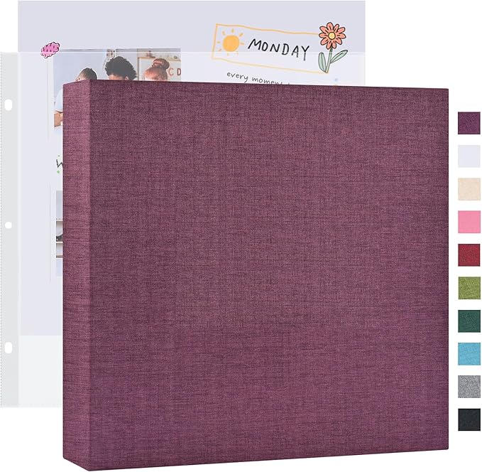 Mublalbum 12x12 Inch Large 3 Ring DIY Scrapbook Photo Album with 20 Plastic Sleeves 40 Pages Linen Cover Folder Binder for Baby Travel Wedding Anniversary and DIY Projects (Purple)