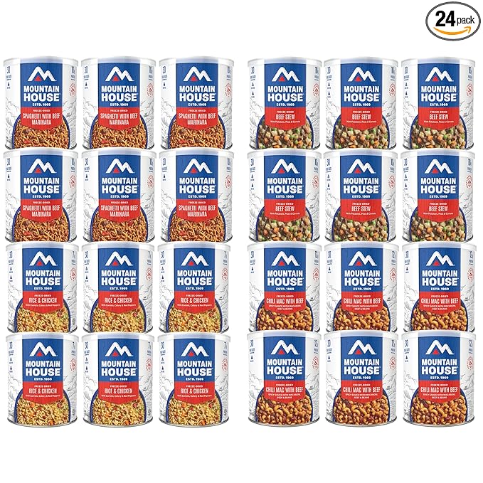 Mountain House 174-Serving Emergency & Survival Food Supply – 24 Cans of Freeze-Dried Lunch & Entree Meals Including Rice & Chicken, Beef Stew, Chili Mac with Beef, Spaghetti with Meat Sauce – Fully Cooked, Ready-to-Eat High-Protein Meals – 30-Year Tas...