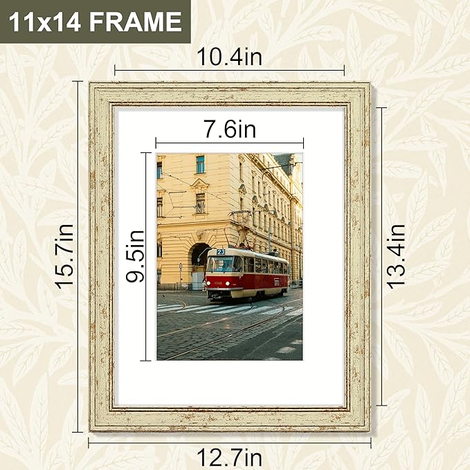 Vittanly 11x14 Picture Frame Set of 4, Vintage Photo Frame for Wall Mount, Display 8x10 Pictures with Mat or 11x14 without Mat, Rustic Farmhouse Home Decor, Green Gold