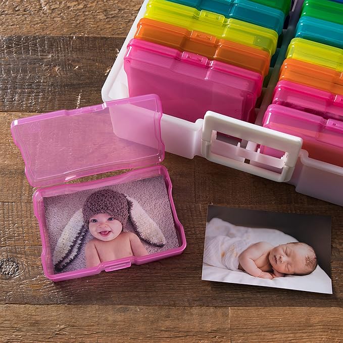 IRIS USA 4" x 6" Photo Storage Box Craft Keeper, 2-Pack, Discreet Handle Container with 16 Organization Holder Cases for Pictures, Tasks, Scrapbooking, Ephemera, Stationery Storage, Multi-Color/Pearl