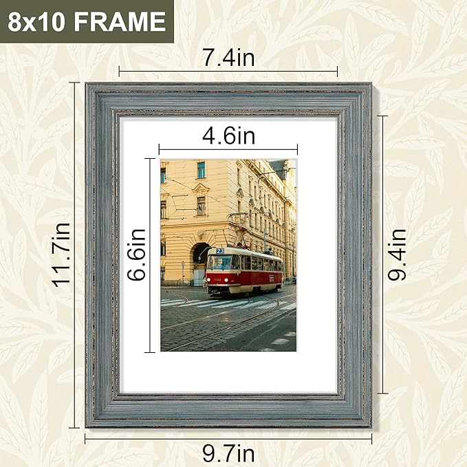 Vittanly 8x10 Picture Frame Set of 4, Vintage Photo Frame for Wall or Tabletop, Display 5x7 Pictures with Mat or 8x10 without Mat, Rustic Farmhouse Home Decor, Vintage Blue