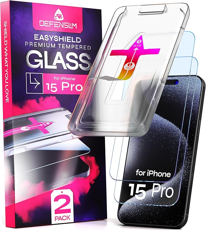 Defenslim Screen Protector for iPhone 15 Pro (2Pack), Easy Auto-Align Install Kit, 6.1" Tempered Glass, 9H Hardness, Ultra HD Clear, Case Friendly, EasyShield