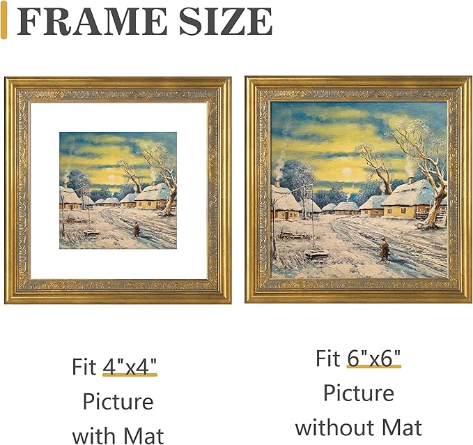 VIOLABBEY 6x6 Matte Gold Picture Frame, Display 4x4 Photo with Mat or 6x6 without Mat, Ornate Vintage 6 x 6 Matte Gold Frame for Wall Decor or Tabletop Display