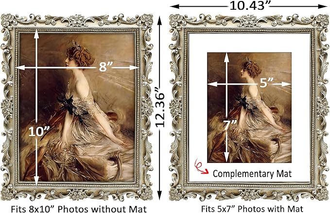 Silver Picture Frame 8x10 Vintage Antique for Wall or Tabletop Display, Baroque Wedding Frame or Matted to 5x7 Photos