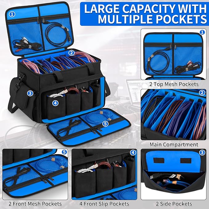 DJ Cable File Bag with 6 Detachable Dividers High Capacity Gig Cable Bag for Cords,DJ Gear,Sound Instrument and Accessories, Blue