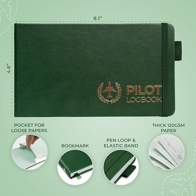 Clever Fox Pilot Logbook – Hardcover Flight Log Journal for Professional & Student Pilots – Aircraft Record Book, Aviation Gifts & Gear (Radar Green)