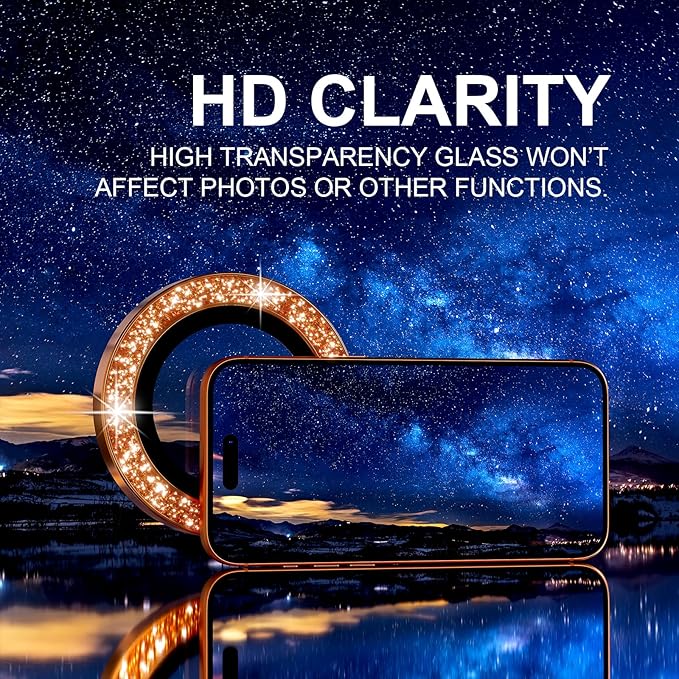 Choiche Compatible for iPhone 17 Pro/iPhone 17 Pro Max Camera Lens Protector Bling, 9H Tempered Glass Camera Cover Screen Protector Metal Ring Decoration Accessories (Glitter-Orange)