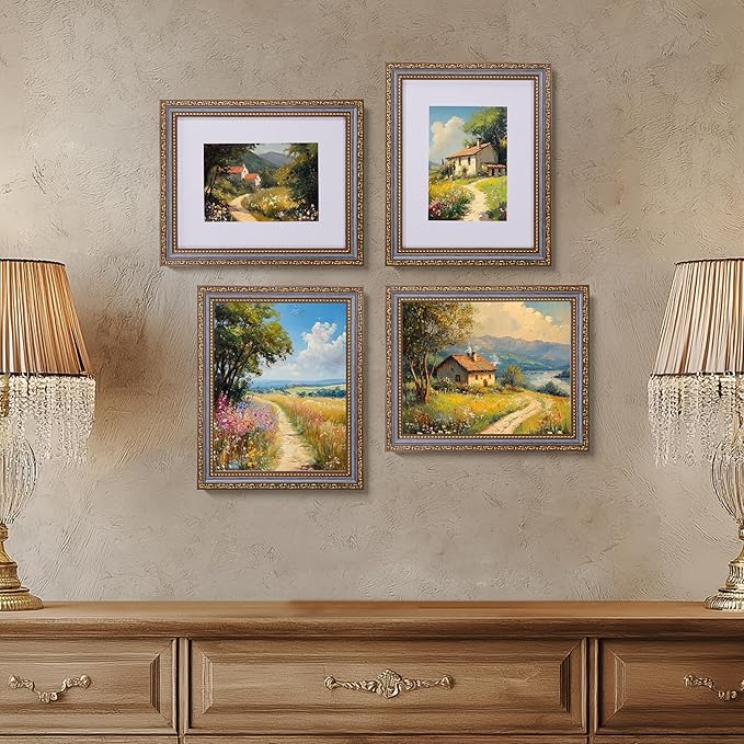 eletecpro 8x10 Picture Frames Set of 4, Vintage Frame with Glass Cover, Rustic 8 x 10 Photo Frames Display 5x7 Photo with Mat or 8x10 without Mat for Tabletop or Wall Decor, Blue Gold