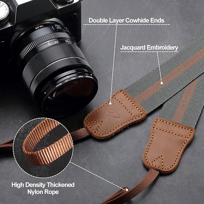Padwa Lifestyle Green Brown Stripes Camera Strap - Double Layer Crazy Horse Cowhide End,1.5" Wide Pure Cotton Camera Straps,Adjustable Neck Shoulder Strap for All DSLR Cameras,Gift for Photographers