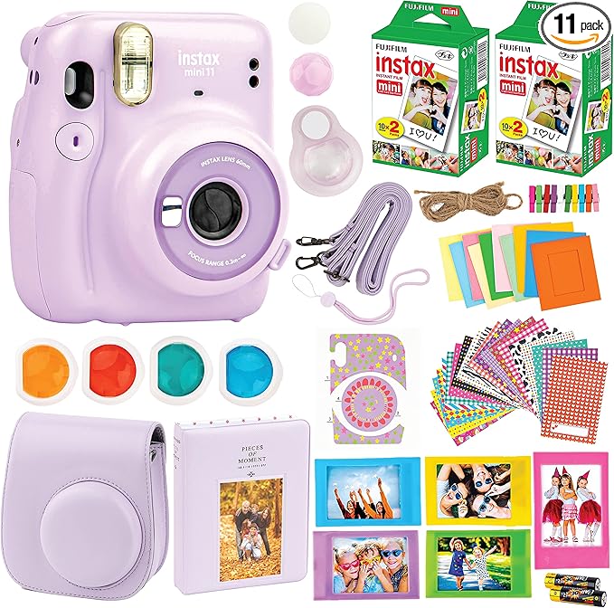 Fujifilm Instax Mini 11 Camera + Fuji Instant Instax Film (40 Sheets) & Includes Case + Assorted Frames + Photo Album + 4 Color Filters and More Bundle (Lilac Purple)