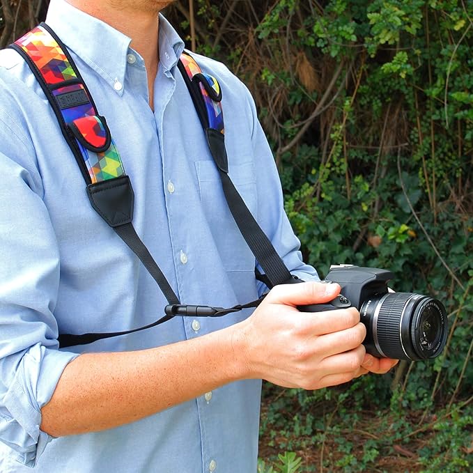 USA Gear DSLR Camera Strap Chest Harness with Quick Release Buckles, Geometric Neoprene Pattern and Accessory Pockets - Compatible with Canon, Nikon, Sony Point and Shoot and Mirrorless Cameras