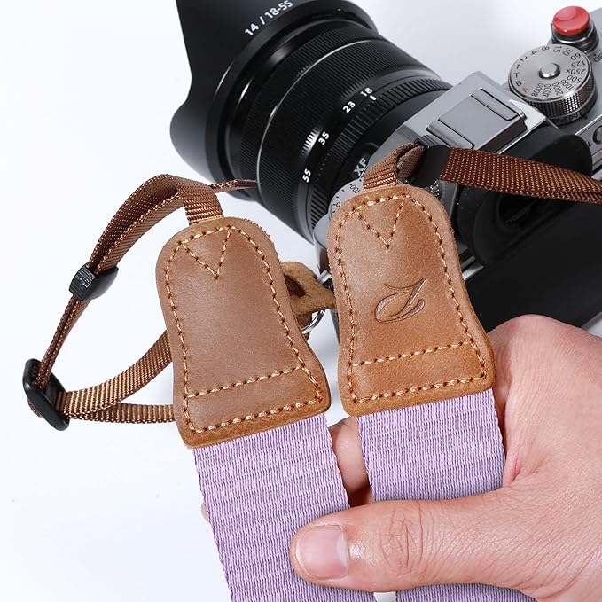 Padwa Lifestyle Light Purple Camera Strap - Double Layer Cowhide Ends,1.5" Wide Pure Cotton Woven Adjustable Universal Camera Straps for All DSLR Cameras,Great Gift for Men & Women Photographers
