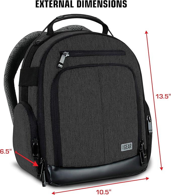 USA Gear Portable Camera Backpack for DSLR with Customizable Accessory Dividers, Weather Resistant Bottom and Comfortable Back Support - Compatible with Canon, Nikon, Sony, Fujifilm, and More (Black)