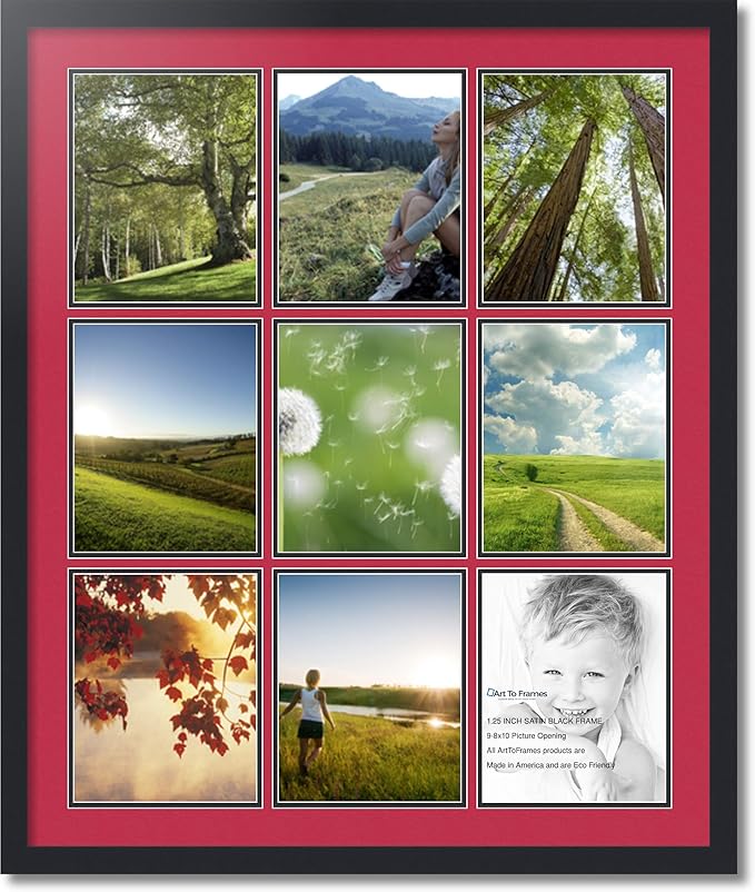ArtToFrames Collage Photo Frame Double Mat with 9-8x10 Openings with Satin Black Frame and Rouge mat.