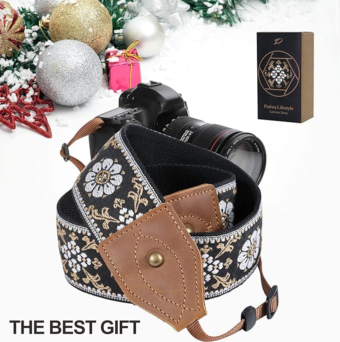 Padwa Lifestyle Camera Strap - 2" Wide Classic Vintage Crazy Horse Arts Cowhide Head Cotton Embroidered Universal Neck Shoulder & Crossbody Camera Straps for Photographers Gift and All DSLR Cameras