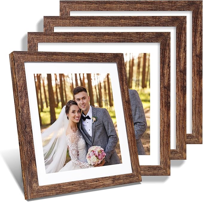 12x12 Picture Frame Set of 4 - Made of Glass and Rustic Brown Wooden Frame, Display Square Pictures 10x10 with Mat or 12 x 12 without Mat, Desktop & Wall Collage Photo Frame