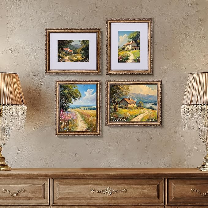 eletecpro 8x10 Picture Frames Set of 4, Gold Frame with Glass Cover, Vintage 8 x 10 Photo Frames Display 5x7 Photo with Mat or 8x10 without Mat for Tabletop or Wall Decor, Bronze Gold