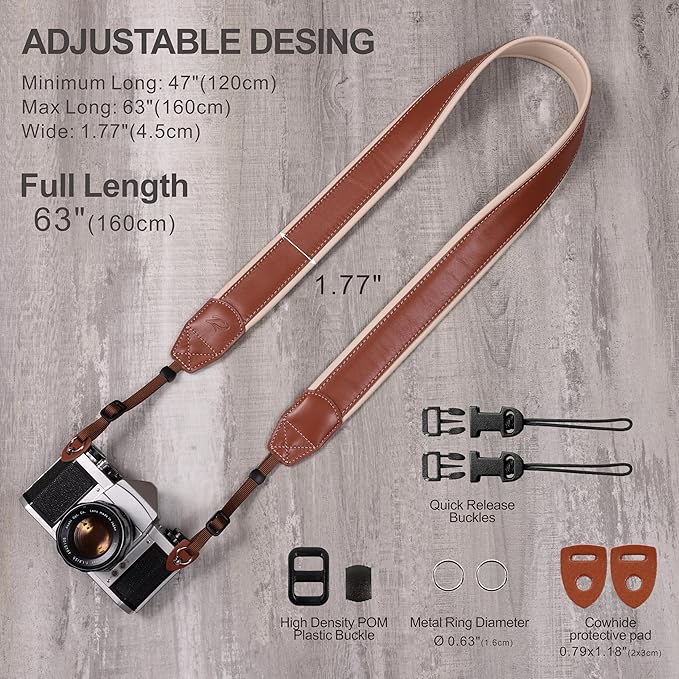 Padwa Lifestyle Tan Padded Leather Camera Strap - Full Grain Genuine Cowhide Camera Straps with White Thick Skin-friendly Clothing Leather Padded,Soft&Comfort Strap for Long Periods of Photographers