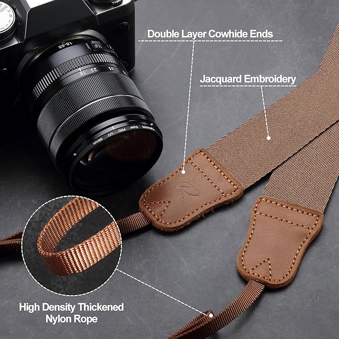 Padwa Lifestyle Brown Camera Strap - Double Layer Crazy Horse Cowhide End,1.5" Wide Pure Cotton Woven Camera Straps,Adjustable Neck Shoulder Strap for All DSLR Cameras,Gift for Photographers