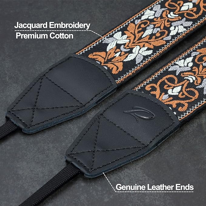 Padwa Lifestyle Camera Strap - 2" Wide Vintage Jacquard Embroidery Brown Flower Camera Straps with Genuine Leather Head,Adjustable Neck Shoulder Strap for All Cameras and Men & Women Photographers
