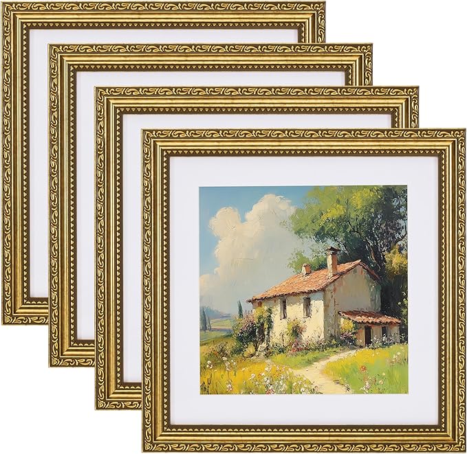 eletecpro 10x10 Picture Frames Set of 4, Antique Frame with Glass Cover, Vintage 10 x 10 Gold Photo Frames Display 8x8 Photo with Mat or 10x10 without Mat for Tabletop or Wall Decor, Gold