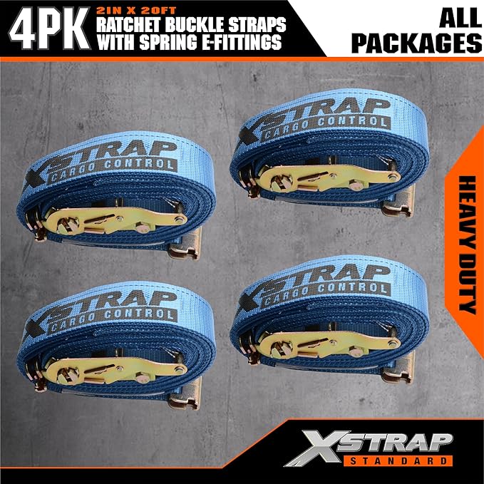 XSTRAP STANDARD 4-Pack 2" x 20' E-Track Ratchet Tie Down Straps 4,401 lbs Break Strength Heavy Duty Cargo Securement for Trailers, Trucks, Vans & Motorcycles with Spring Fittings (Blue)