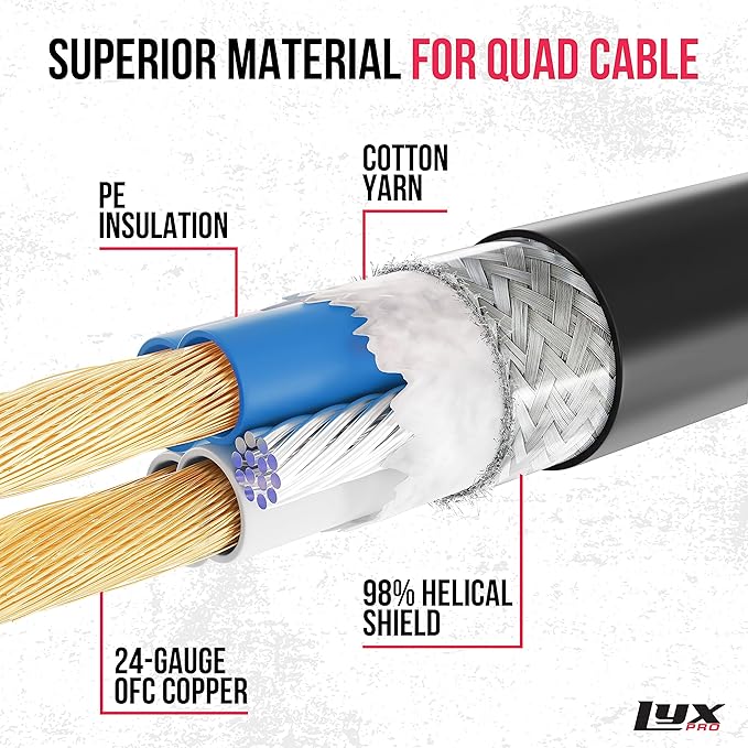LyxPro Quad Serias - 75 Ft - XLR Male to Female Star Quad Microphone and Audio Cable for High End Quality and Sound Clarity, Extreme Low Noise – Black