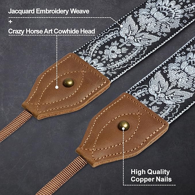 Padwa Lifestyle 2" Wide Classic Crazy Horse Art Cowhide Head Camera Strap - Jacquard Embroidery Floral Vintage Camera Straps for Photographers Gift, Adjustable Shoulder Neck Strap Fits DSLR Cameras
