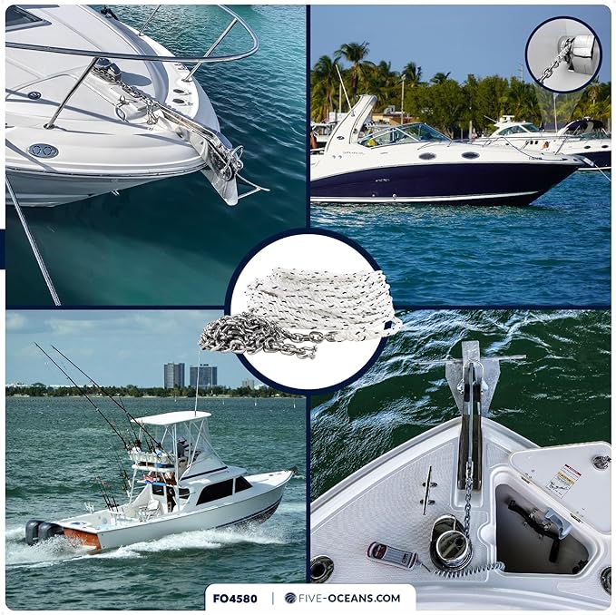 Five Oceans Windlass Anchor Rode, Hand-Spliced Anchor Rope and Chain Combination Kit, Nylon 3-Strand Rope, HT G4 Stainless Steel Chain for Boat Anchor System - Multiple Sizes