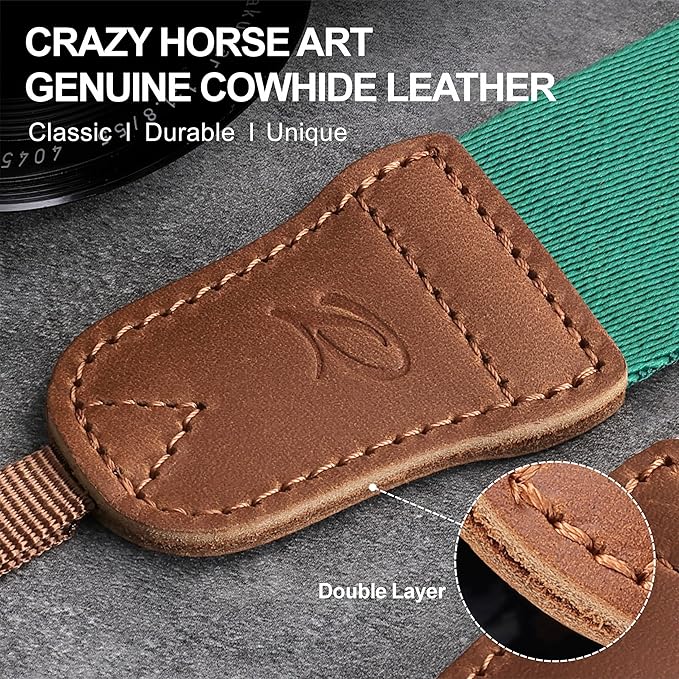 Padwa Lifestyle Green Camera Strap - Double Layer Crazy Horse Cowhide End,1.5" Wide Pure Cotton Woven Camera Straps,Adjustable Neck Shoulder Strap for All DSLR Cameras,Gift for Photographers
