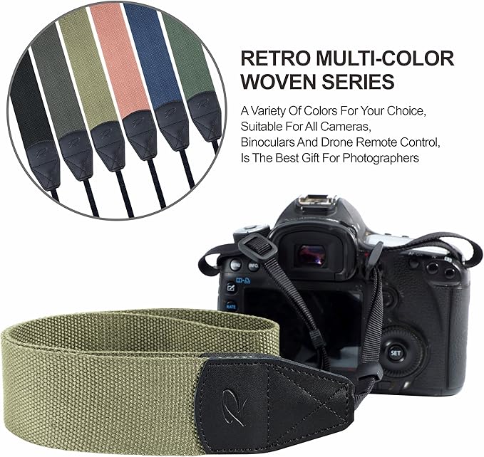 Padwa Lifestyle Light Green Camera Strap - 2" Wide Cotton Woven Genuine Leather Head Camera Straps,Complimentary 2 Pcs Quick Release Clips for All DSLR/SLR Cameras, Binoculars and Drone Remote Control