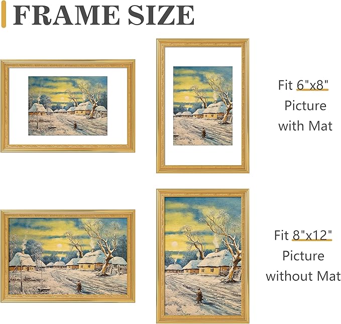 VIOLABBEY 8x12 Gold Picture Frame, Display 6x8 Photo with Mat or 8x12 without Mat, Ornate Vintage 8 x 12 Gold Frame for Wall Decor or Tabletop Display