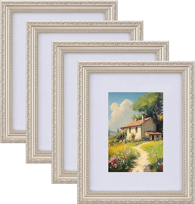 eletecpro 8x10 Picture Frames Set of 4, Vintage Frame with Glass Cover, Photo Frames 8 x 10 Display 5x7 Photo with Mat or 8x10 without Mat for Tabletop or Wall Decor, Silver Beige