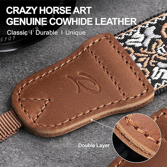 Padwa Lifestyle Camera Strap - 1.5" Crazy Horse Cowhide Head Cotton Strap,Vintage Embroidery Camera Straps for Photographers and All Cameras,Cute Adjustable Shoulder Neck Strap for Adults & Kids