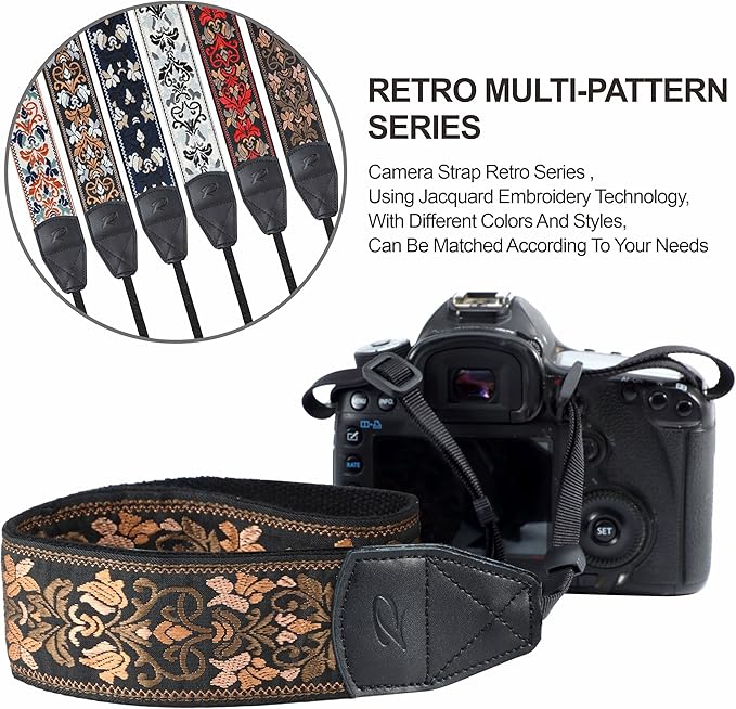 Padwa Lifestyle Camera Strap - 2" Wide Vintage Jacquard Embroidery Flower Camera Straps with Genuine Leather Head,Complimentary 2 Pcs Quick Release Clips for All Cameras and Men & Women Photographers