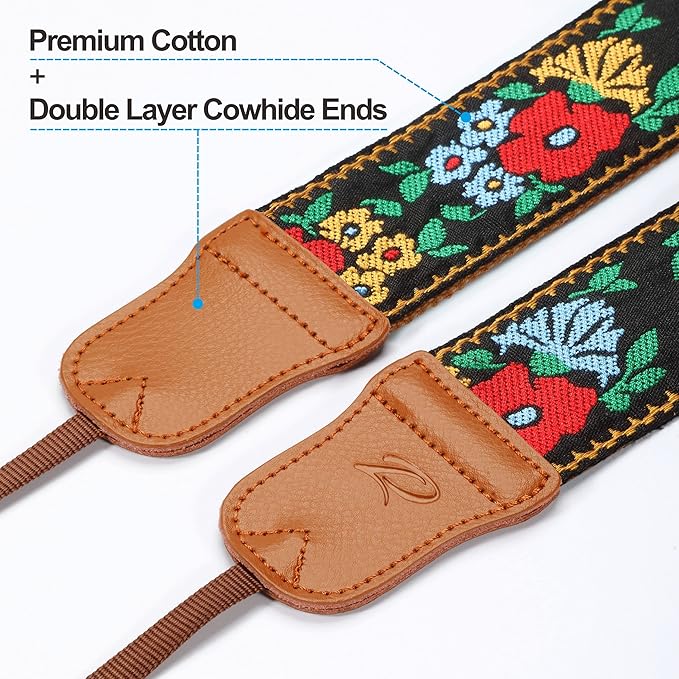 Padwa Lifestyle Camera Strap - Double Layer Cowhide Ends,2" Cotton Embroidered Vintage Camera Straps, Adjustable Neck & Shoulder Strap for All DSLR Cameras,Great Gift for Photographers -Spring Flowers